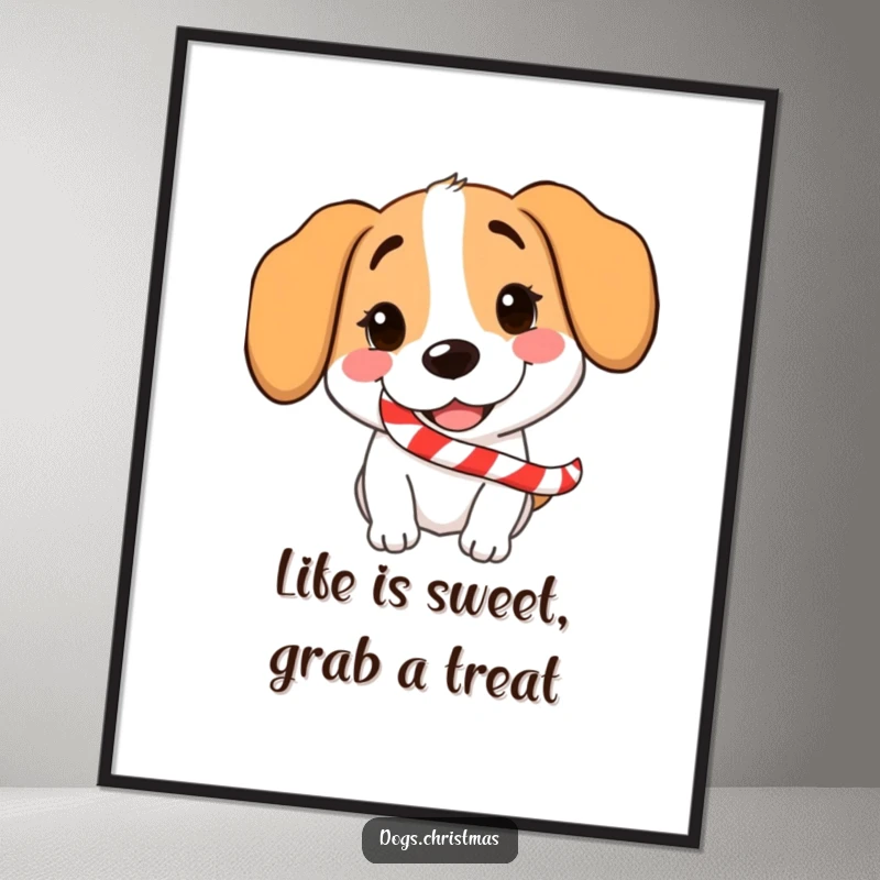Funny Free Printable Wall Art of a dog gleefully grinning with a large candy cane in its mouth, a festive decoration.