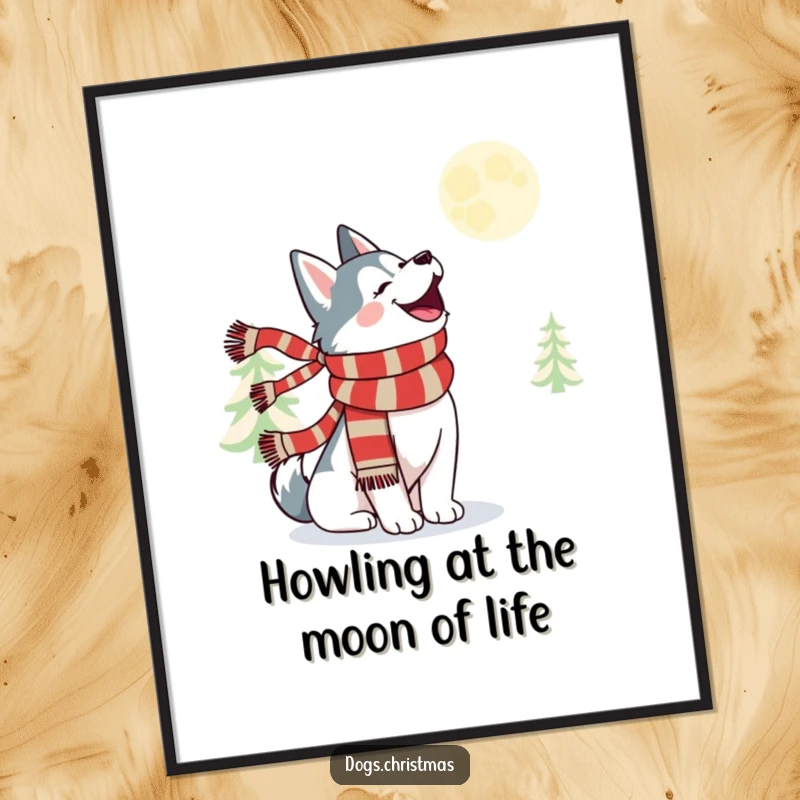 Funny Free Printable Wall Art: A kawaii husky wearing a festive scarf howls merrily under a big moon.
