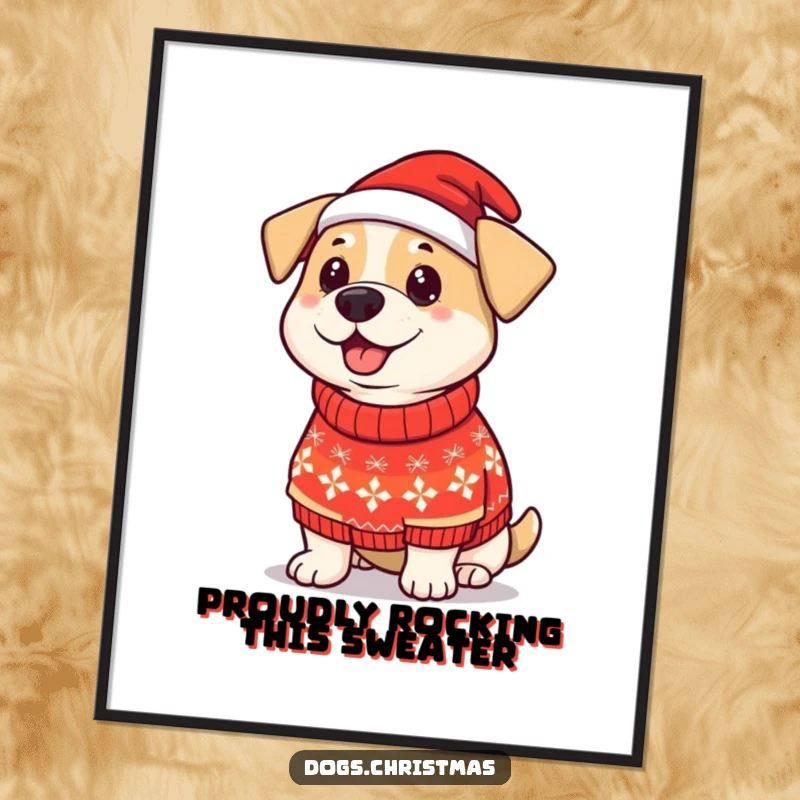 Funny Free Printable Wall Art of a proud dog wearing a silly, colorful Christmas sweater.
