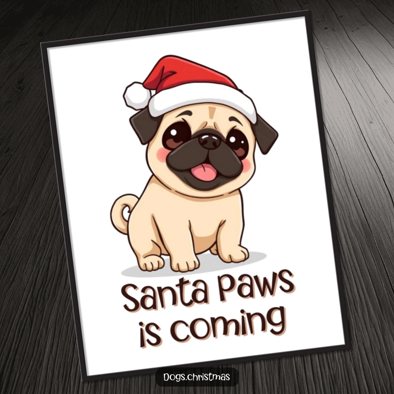 Funny Free Printable wall art of a cute pug wearing a Santa hat, excitedly wagging its tail, perfect for holiday cheer.