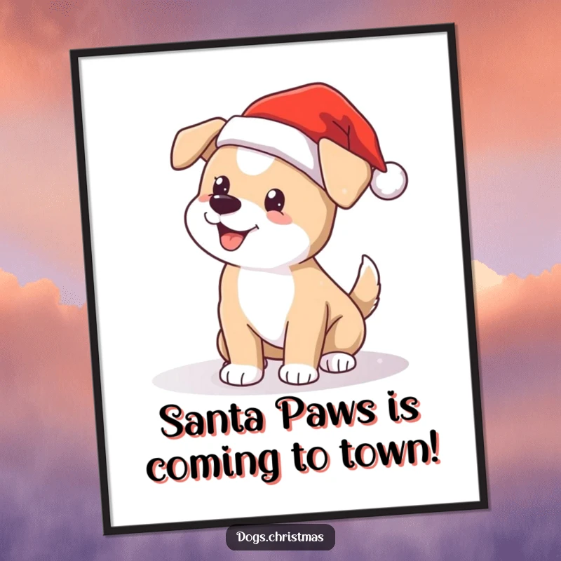 Funny Free Printable Wall Art: Cute dog in Santa hat, wagging tail, falling snow, perfect for festive home decor.
