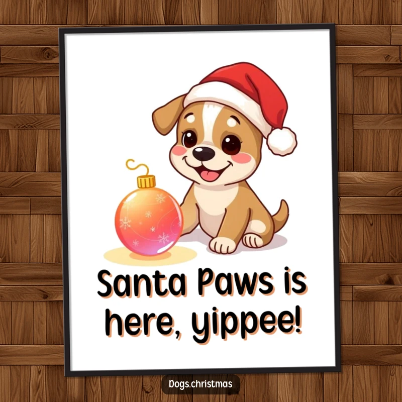 Funny Free Printable Dog Wall Art: A happy dog wearing a Santa hat plays with a glowing ornament, festive decor.