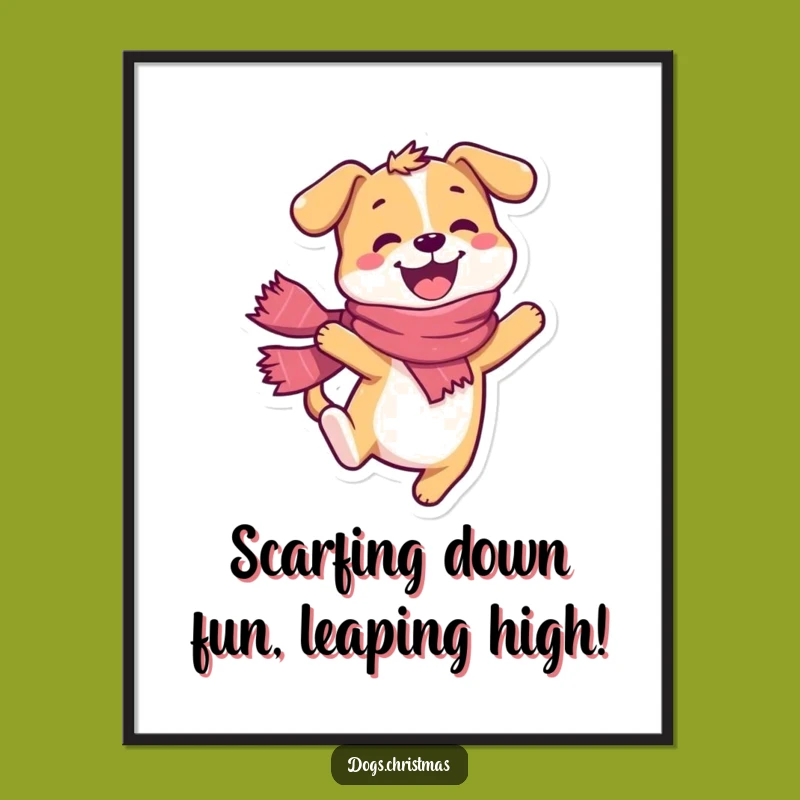 Free Printable Wall Art: Happy Dog Scarf Leap - Joyful Festive Decor