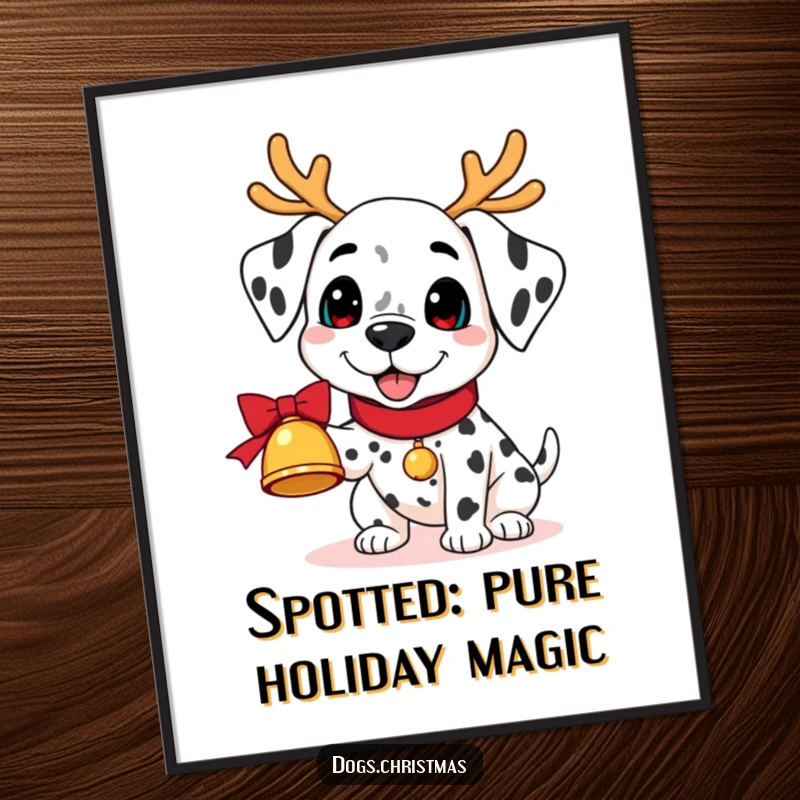 Funny Free Printable Dalmatian Wall Art: Kawaii Dalmatian in reindeer antlers joyfully holding a jingling bell, festive illustration.
