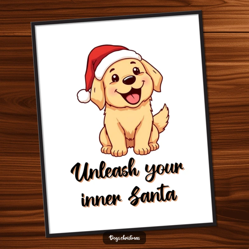 Funny Free Printable Wall Art: A kawaii golden retriever in a Santa hat wags its tail excitedly, mouth open, radiating happiness.
