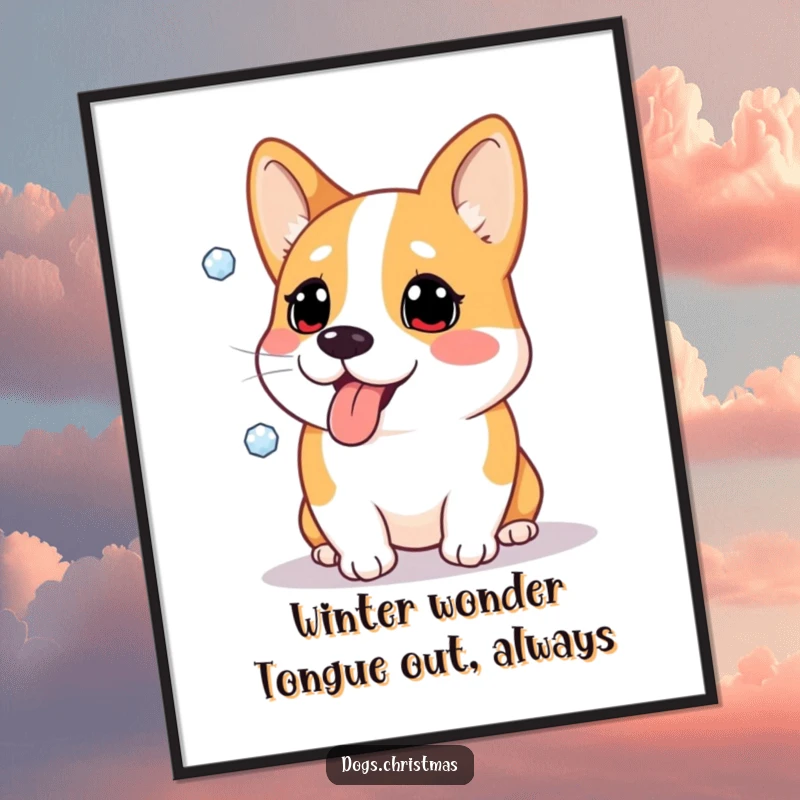 Funny Free Printable Wall Art featuring a corgi comically trying to catch a single snowflake on its tongue, with a focused and joyful expression.