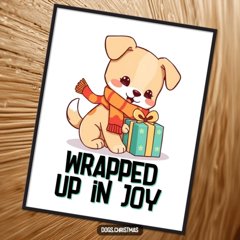 Funny Free Printable Wall Art: Festive kawaii dog in scarf playing with a present, adding playful and humorous charm to any wall.