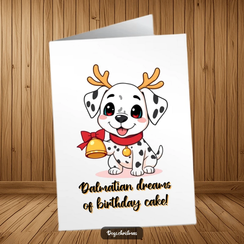 Funny Free Printable Dalmatian Birthday Card: Kawaii Dalmatian in reindeer antlers holding a bell, festive joy for a birthday.