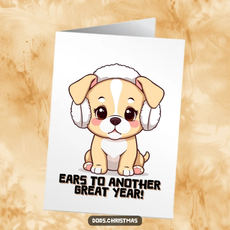 Funny Free Printable Birthday Card: Adorable kawaii puppy in festive earmuffs, looking curiously at birthday wishes.