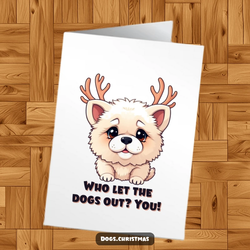 Funny Free Printable Birthday Card: A fluffy dog wears antlers, looking charmingly confused for a birthday wish.