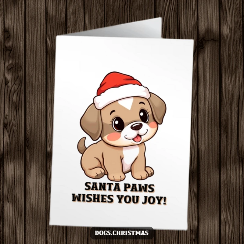Funny Free Printable Birthday Card: Adorable puppy in Santa hat, tail wagging with pure birthday excitement.