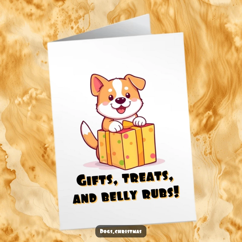 Funny Free Printable Birthday Card: Cute dog, wagging tail, unwrapping a brightly colored gift, excited expression, festive.