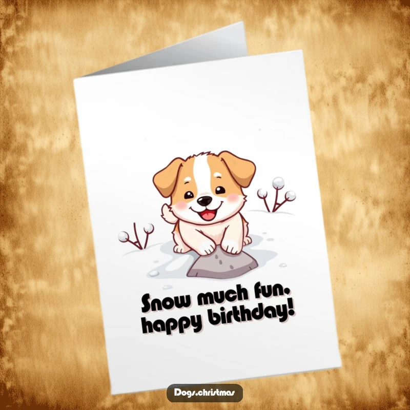 Funny Free Printable Birthday Card: A joyful dog enthusiastically digs in snowy ground with a wide, happy smile.
