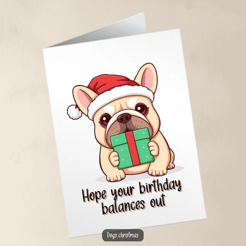 Funny Free Printable Birthday Card: A kawaii bulldog in a Santa hat struggles to balance a gift on its nose.