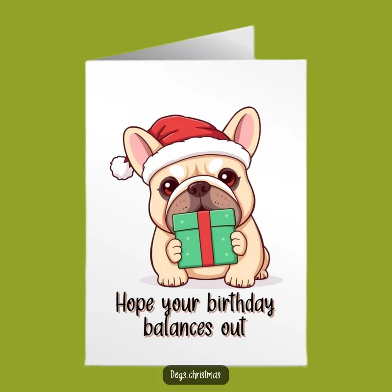 Free Printable Birthday Card: Kawaii Bulldog Balancing Gift - Funny Santa Dog Downloadable