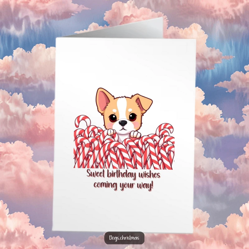 Funny Free Printable Dog Birthday Card: A curious dog peeks from candy canes, eyes wide with birthday excitement.