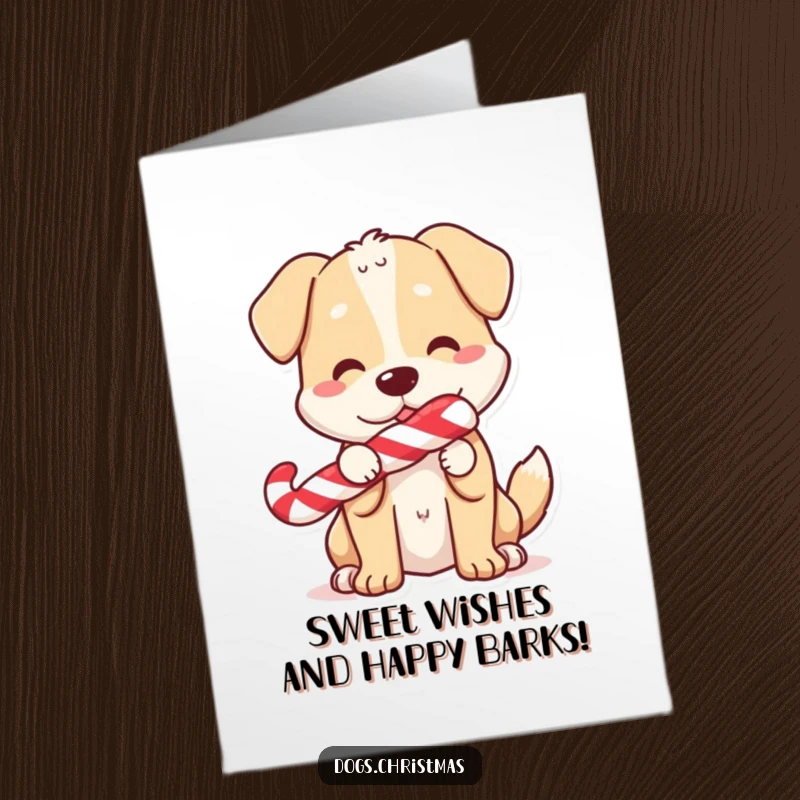 Funny free printable birthday card: A happy dog holds a candy cane in its mouth, tail wagging with festive birthday cheer.