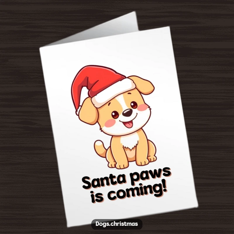 Funny Free Printable Birthday Card: Kawaii Christmas dog in Santa hat, wagging tail, spreading holiday joy and birthday wishes.