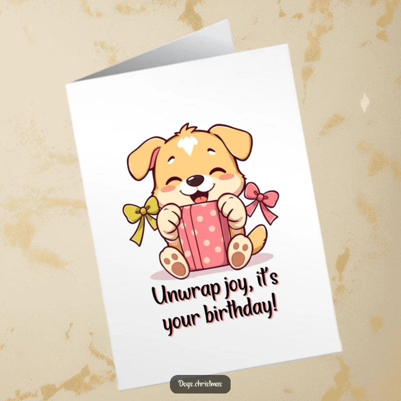 Funny Free Printable Birthday Card: Dog gleefully unwrapping a gift with its paws, pure joy on its face.