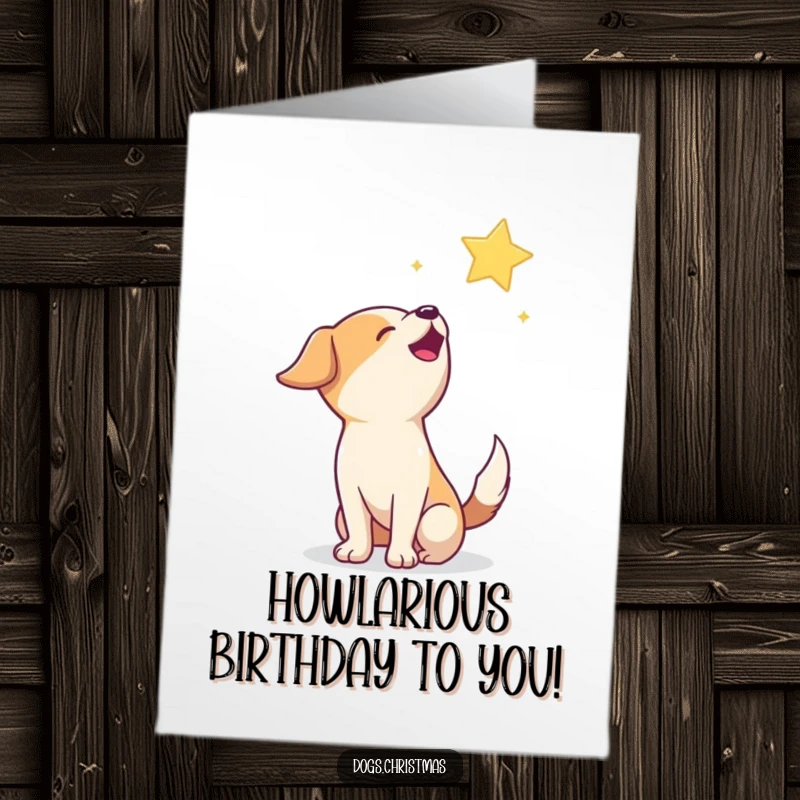 Funny Free Printable Birthday Card: Happy dog howling joyfully at a twinkling star, making a birthday wish.