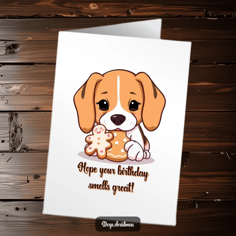 Funny free printable birthday card showing a beagle intensely sniffing a delicious-looking gingerbread cookie.