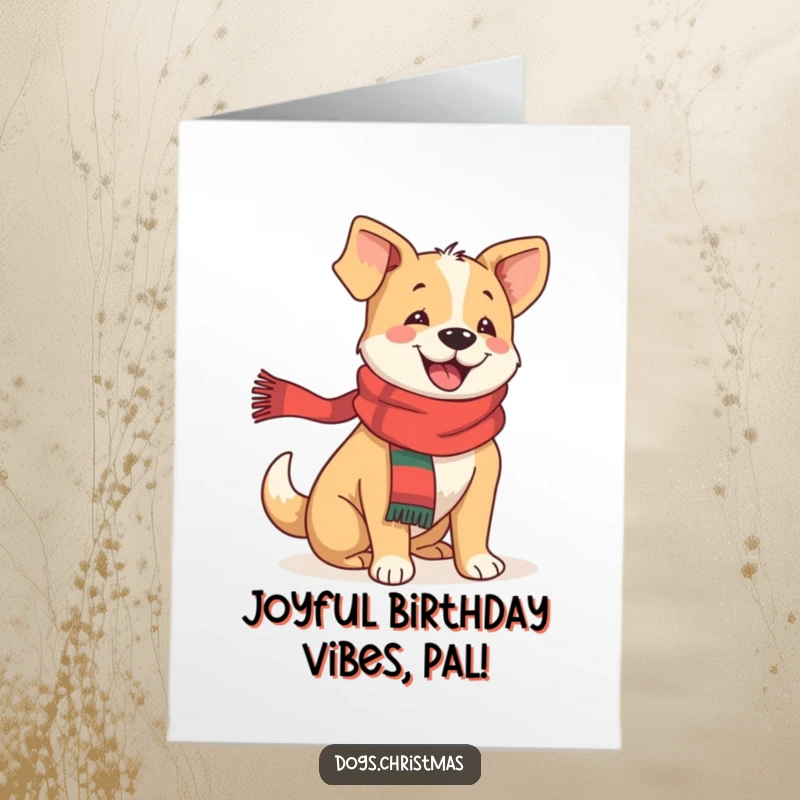Funny Free Printable Birthday Card: A dog in a festive scarf, wagging its tail with immense happiness.