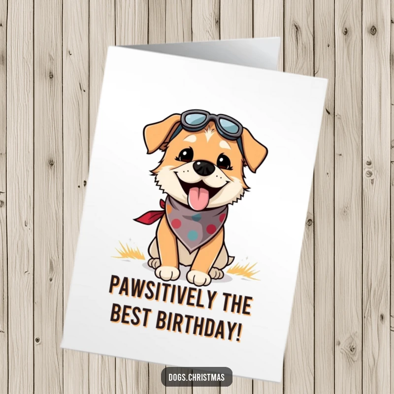 Funny Free Printable Birthday Card: Joyful dog in bandana panting excitedly, ready to party.