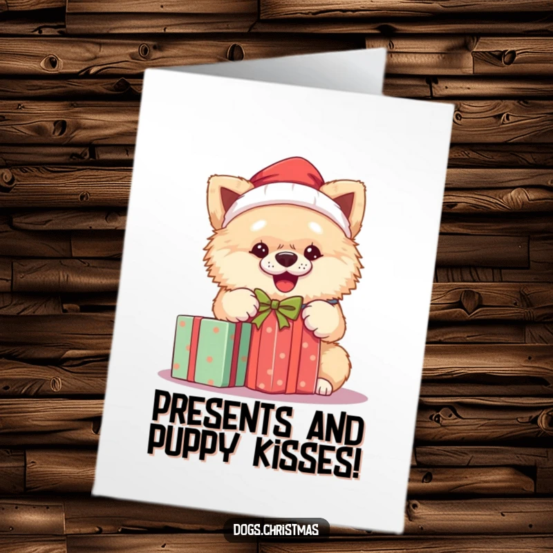 Funny Free Printable Birthday Card: Fluffy dog in a Santa hat, joyfully tearing open a gift.
