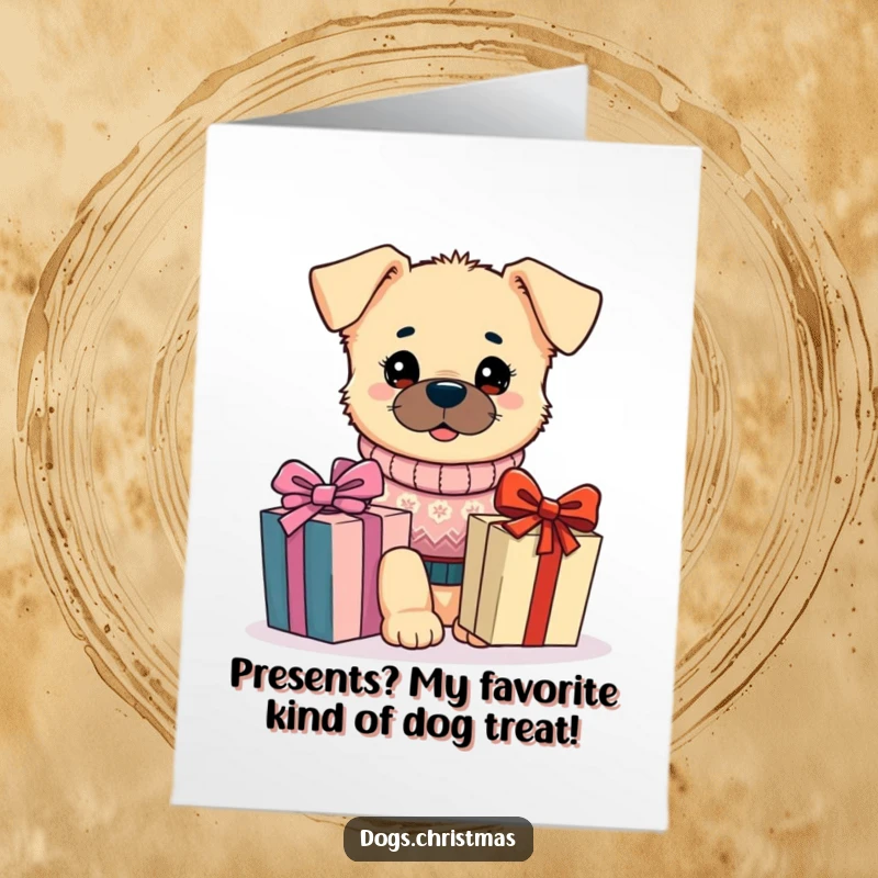 Funny Free Printable Birthday Card: Kawaii dog in a festive sweater adores a gift, a perfect downloadable present.
