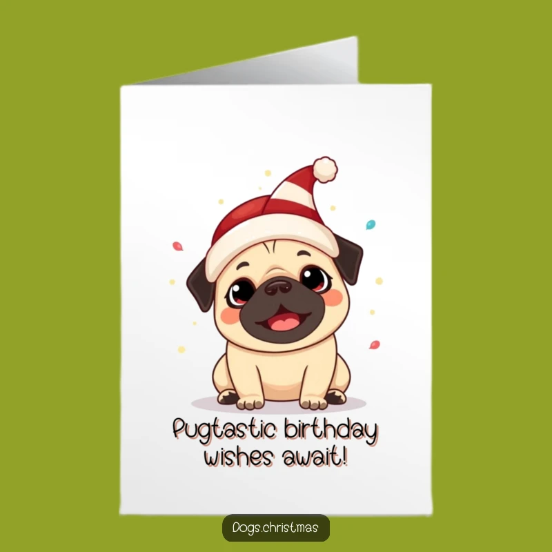 Free Printable Kawaii Pug Elf Hat Birthday Card: Funny Dog Downloadable Gift