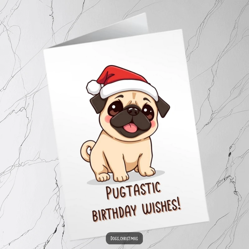 Funny Free Printable birthday card featuring a cute pug in a Santa hat, wagging its tail with birthday excitement.