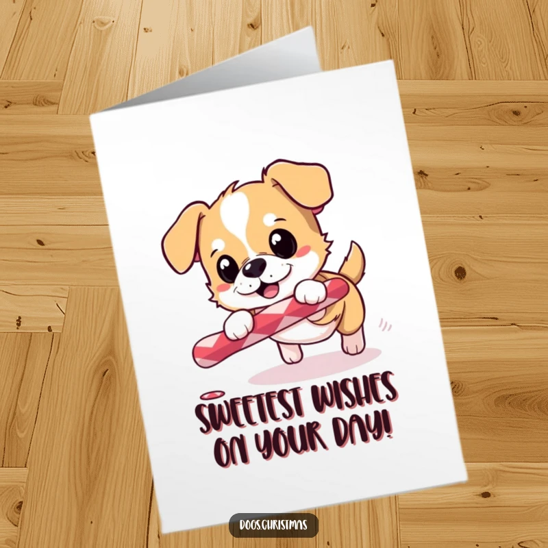 Funny Free Printable Birthday Card: A small dog excitedly chases a rolling candy cane with pure holiday glee.