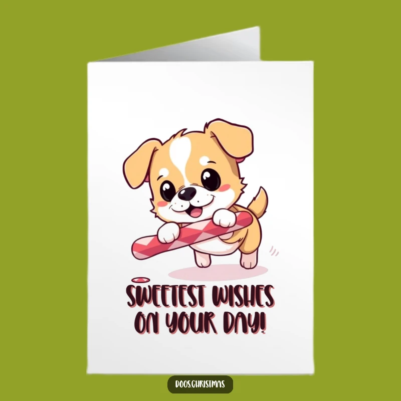 Free Printable Birthday Card: Excited Dog Chasing Candy Cane Funny Holiday