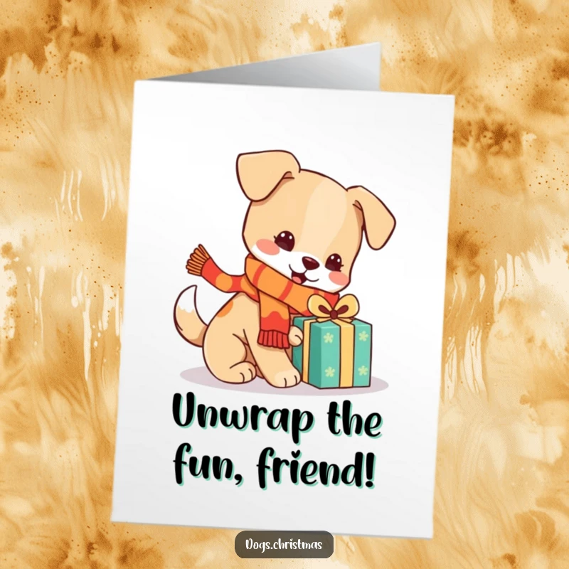Funny Free Printable Birthday Card: Festive kawaii dog in scarf, playing with present, bringing birthday joy and playful vibes.