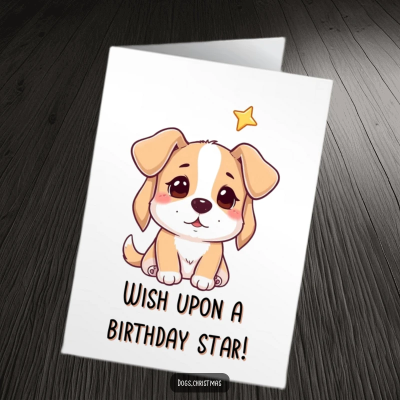Free Printable Birthday Card: A dog looks up with a hopeful expression towards a shining star in the night sky.