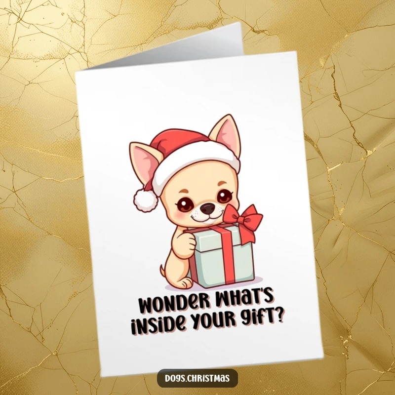 Funny Free Printable Birthday Card: A kawaii chihuahua in a Santa hat curiously shakes a gift box.