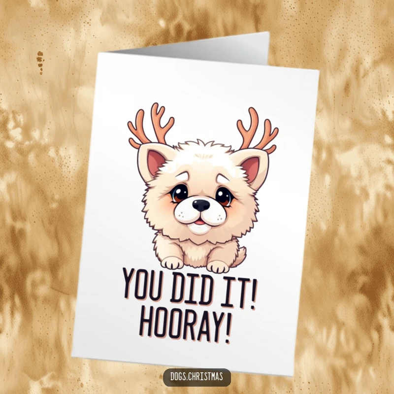 Funny Free Printable Congratulations Card: A fluffy dog looks playfully confused while sporting festive antlers.