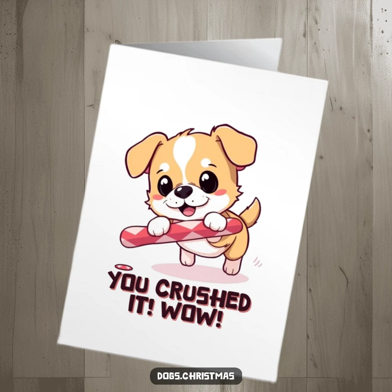 Funny Free Printable Congratulations Card: A small dog is captured in mid-chase, excitedly pursuing a rolling candy cane.