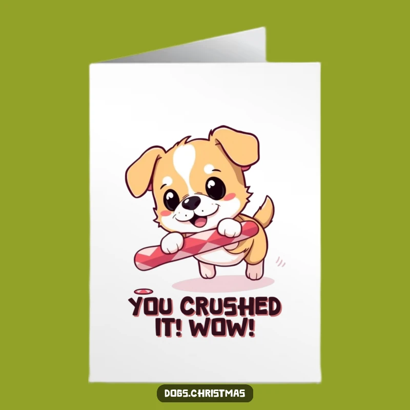 Free Printable Congrats Card: Dog Chasing Candy Cane Celebratory Excitement Funny