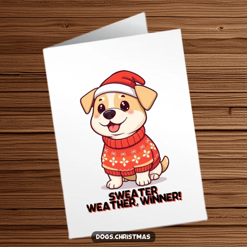 Funny Free Printable Congratulations Card: a proud dog sports a silly Christmas sweater.