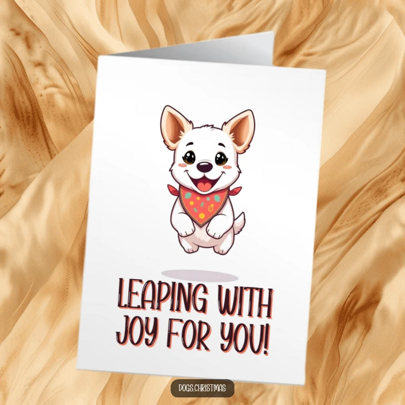 Funny Free Printable Congratulations Card: A dog wearing a festive bandana leaps joyfully in celebration.