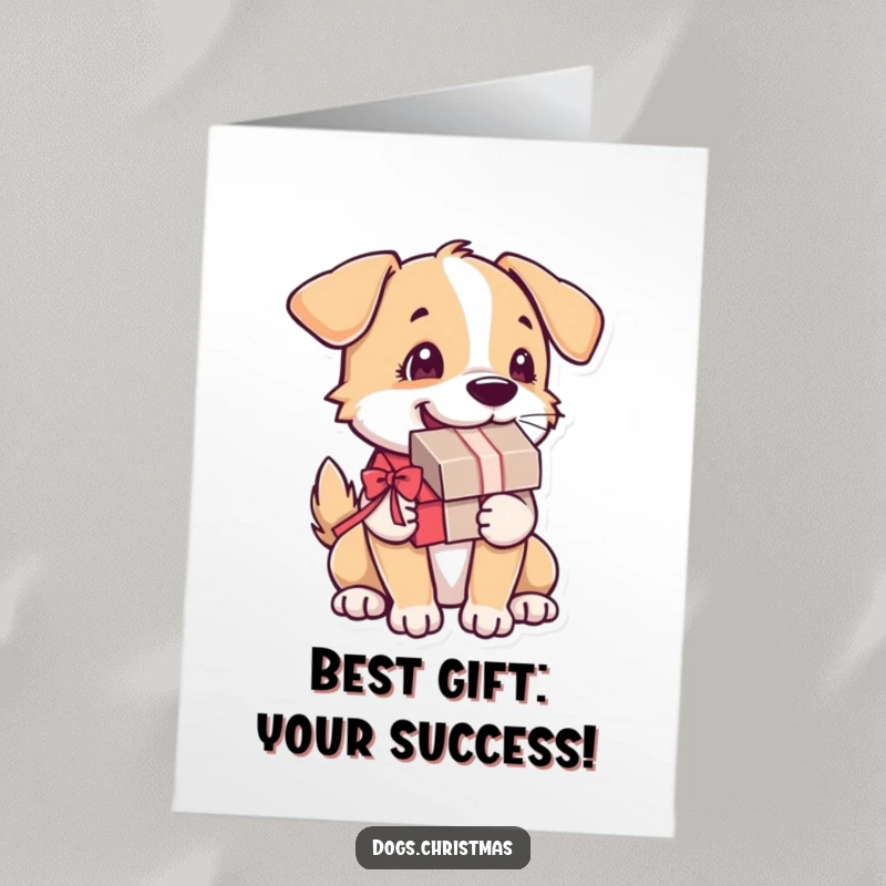 Funny Free Printable Congratulations Card: a dog holding a present wags its tail rapidly in celebration.