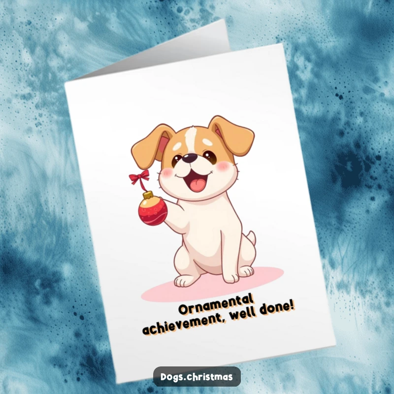 Funny Free Printable Congratulations Card: Kawaii dog, floppy ears, catching a falling Christmas ornament, happy and surprised.