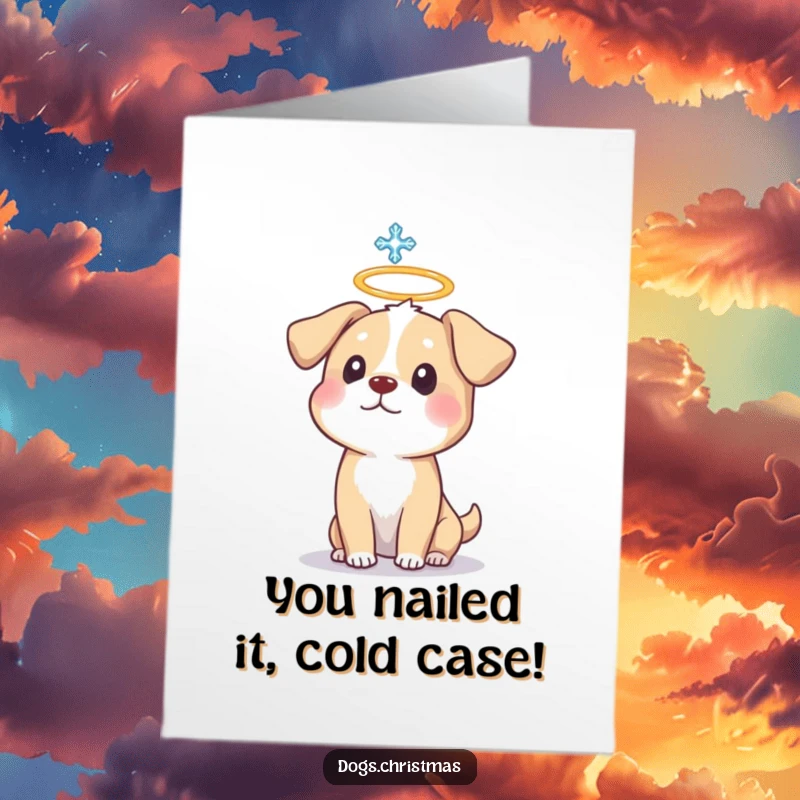 Funny Free Printable Congratulations Card with a surprised halo dog reacting to a snowflake, a unique way to say congrats.