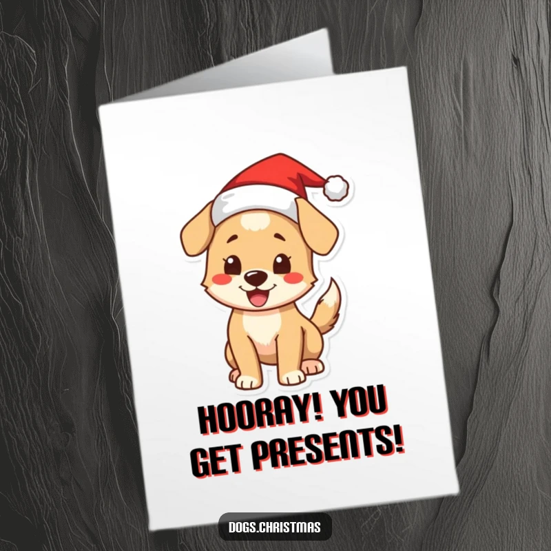 Funny Free Printable Congratulations Card: Joyful dog in Santa hat, wagging tail, celebrating your success.