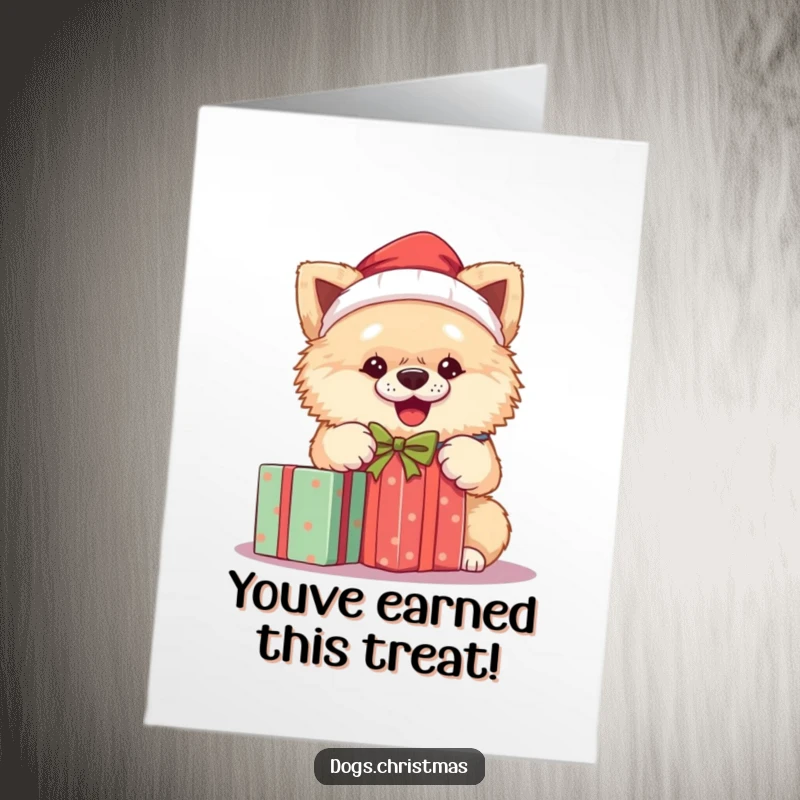 Funny Free Printable Congratulations Card: A fluffy dog wearing a Santa hat, ecstatic about a present.