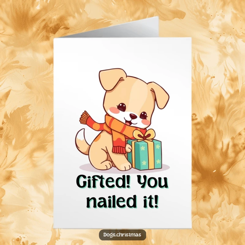 Funny Free Printable Congrats Card: Festive kawaii dog in scarf, playing with present, perfect for celebrating any achievement.