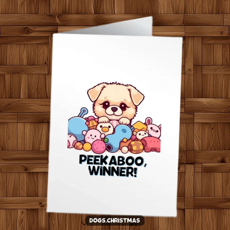 Funny Free Printable Congrats Card: Small fluffy kawaii dog peeking from toys, perfect for congratulating achievements with humor.