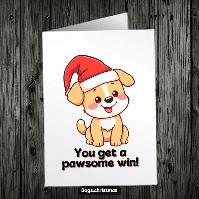 Funny Free Printable Congrats Card: Kawaii Christmas dog in Santa hat, wagging tail, celebrating achievements with holiday spirit.
