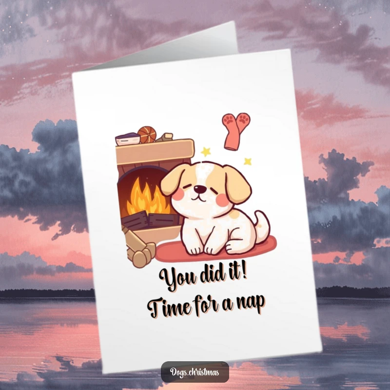 Funny Free Printable Congrats Card: Adorable kawaii dog sleeping peacefully near a fireplace, a downloadable gift.